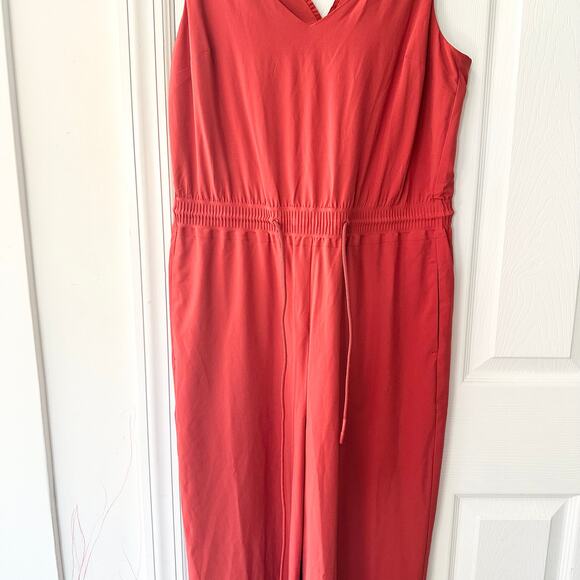 Athleta Savannah Rust Orange Currant Red Ruffle Strap Wide Leg Jumpsuit 6 - Picture 9 of 13
